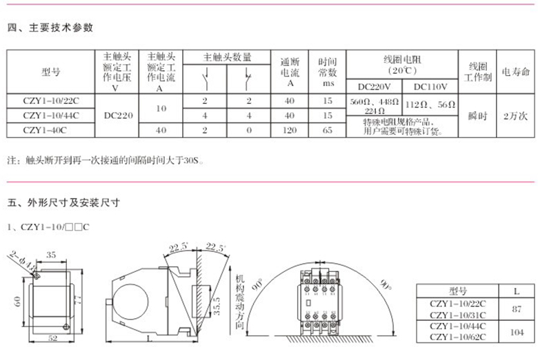 CZY1-C系列瞬时工作直流接触器主要技术参数、外形尺寸及安装尺寸